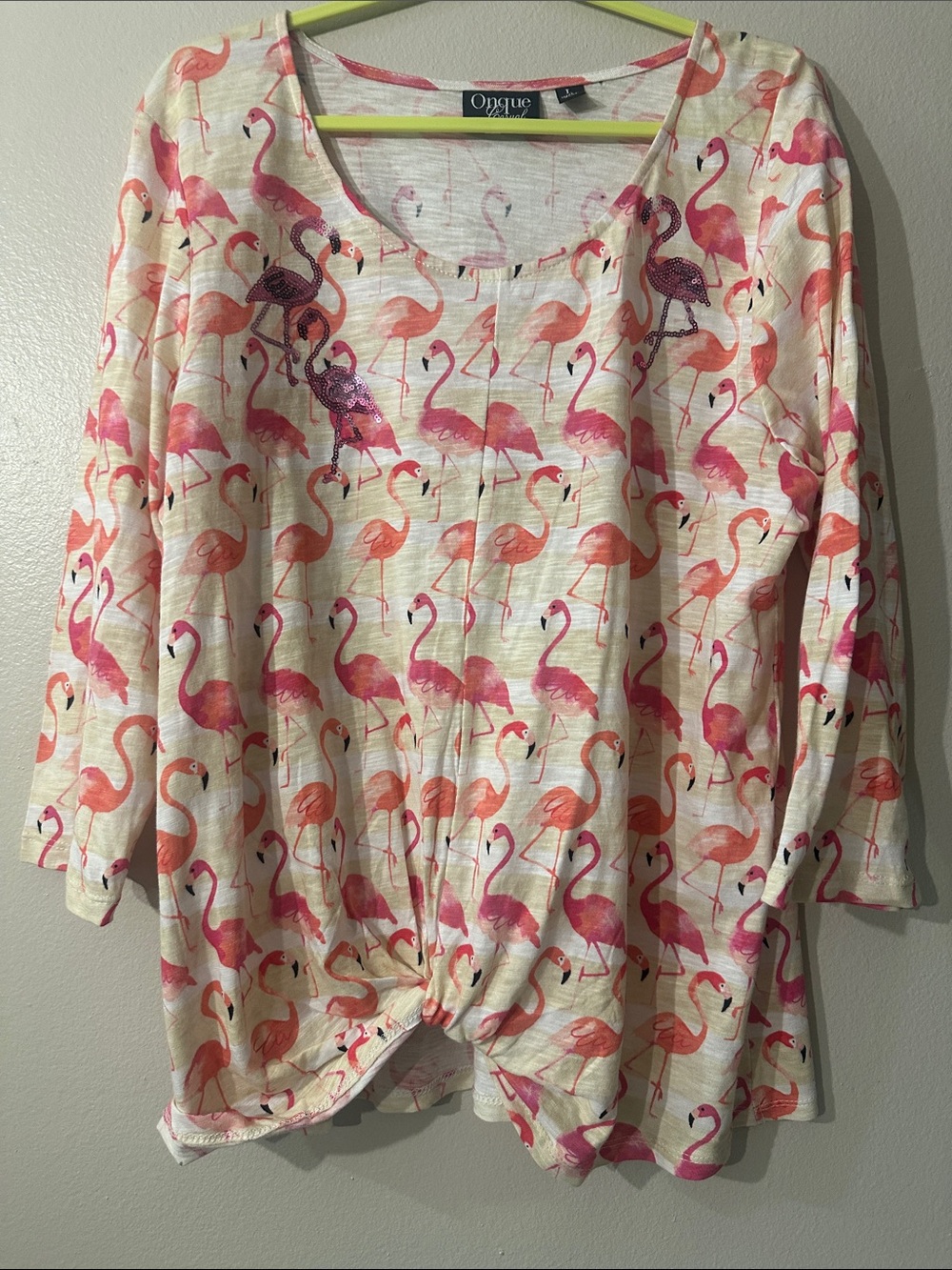 Onque Casual blouse top 3/4 sleeve pink flamingo sequins Sz L